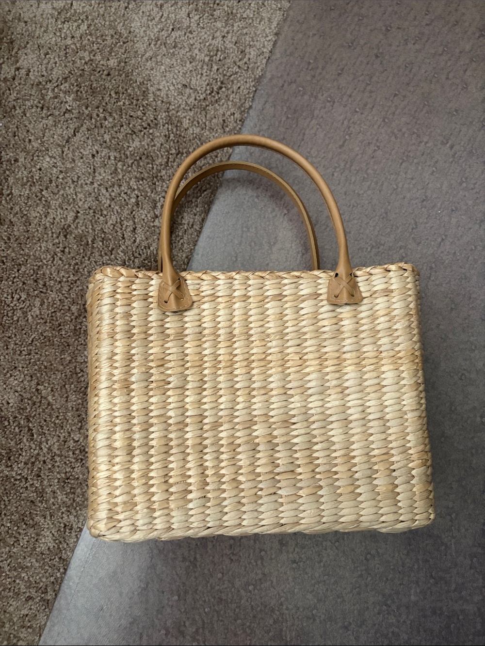 Natural Woven Straw Tote Bag with Leather Handles